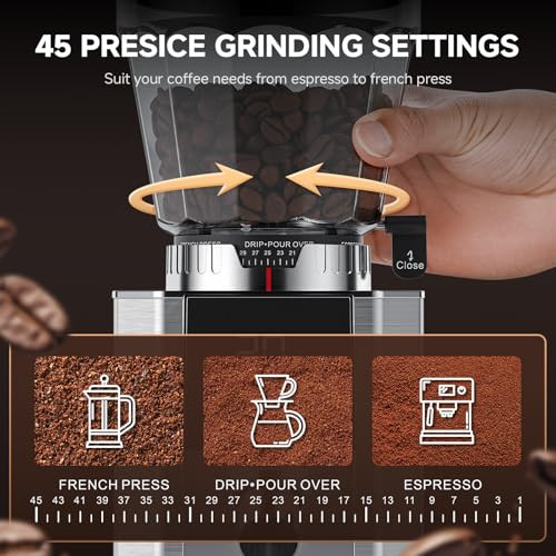 Cofibrews Burr Coffee Grinder With 45 Grind Settings Conical Burr AntiStatic Technology 40Mm 300G