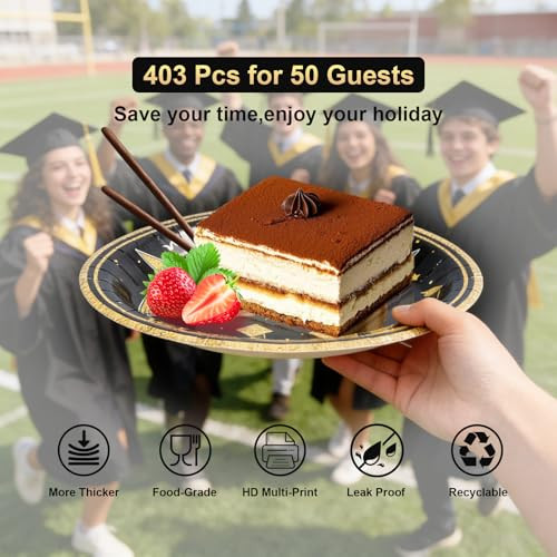 Zpaio Graduation Plates And Napkins Graduation Decorations Black And Gold 403Pcs Black