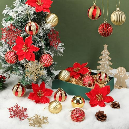 Vertintong Christmas Tree Ornaments Set With Poinsettias 90Pcs Red