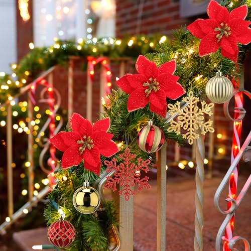 Vertintong Christmas Tree Ornaments Set With Poinsettias 90Pcs Red