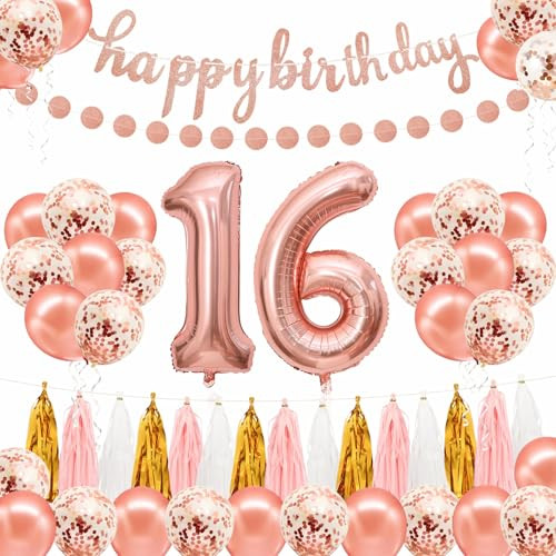 Ythetm Sweet 16 Party DecorationsSweet Sixteen Happy Birthday Banner Circle Dots Banner Gold