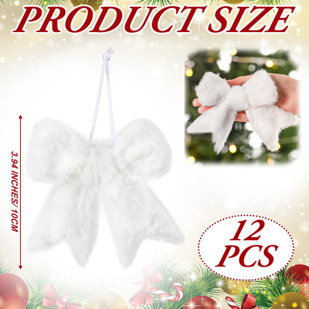 Vertintong Fur White Christmas Tree Bow Decor Furry Farmhouse Bow Hanging Ornaments 12 Pcs White