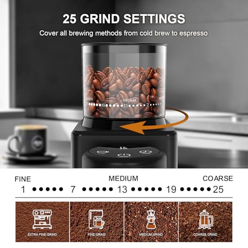 Kirainafly Conical Burr Coffee Grinder Electric Coffee Bean Grinder With 25 Precise Black