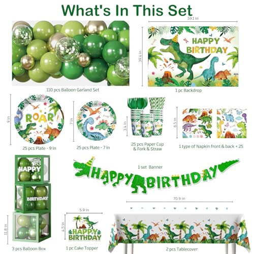 Fexivo Dinosaur Birthday Party Decorations Serve 25 Dinosaur Birthday Decorations Include Balloon 268Pcs