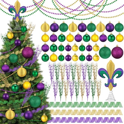 Vertintong Mardi Gras Decorations Set Mardi Gras Tree Decor Bulk Purple Yellow 69 Pcs Purple