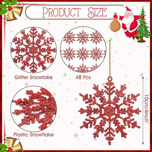 Vertintong Burgundy Glitter Snowflake Ornaments Winter Tree Hanging Plastic Glitter Snowflake Ornaments 48 Pcs
