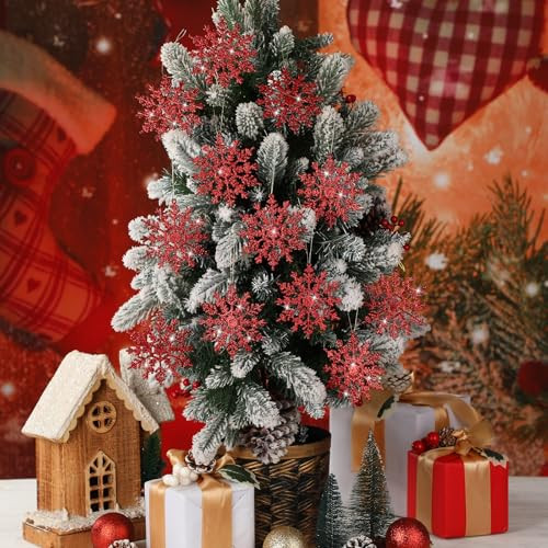 Vertintong Burgundy Glitter Snowflake Ornaments Winter Tree Hanging Plastic Glitter Snowflake Ornaments 48 Pcs