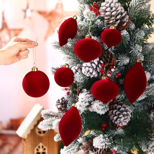 Vertintong Red Velvet Christmas Ornaments Large Glass Velvet Christmas Balls Ornaments Bulk 12 Pcs Red