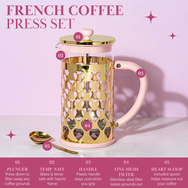 Paris Hilton French Press Coffee Maker With Heart Shaped Measuring Scoop 2Piece Set Pink