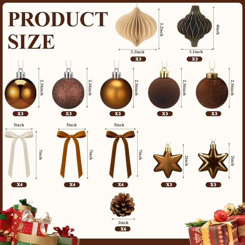 Vertintong Brown Neutral Christmas Ornaments Set With Brown Balls Velvet Bows Pine 45 Pcs Brown