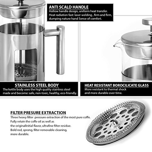 Rodolffo French Press Coffee Maker With Stainless Steel 18/8 Frame Heat Resistant 34 Ounce Stainless Steel