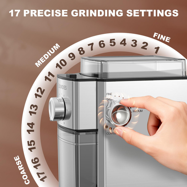 Rounexes Flat Burr Coffee Grinder ElectricAdjustable Coffee Grinder For Home Use Burr Silver