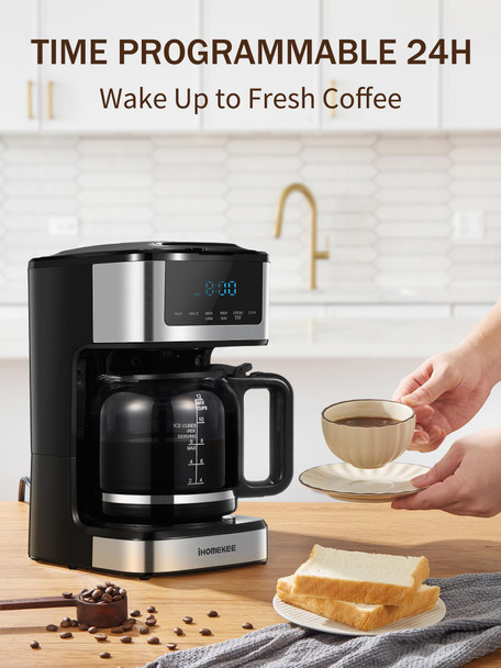 Ihomekee Coffee Maker Programmable Drip Coffee Maker Regular and Strong Brew Drip 12 Cup Black