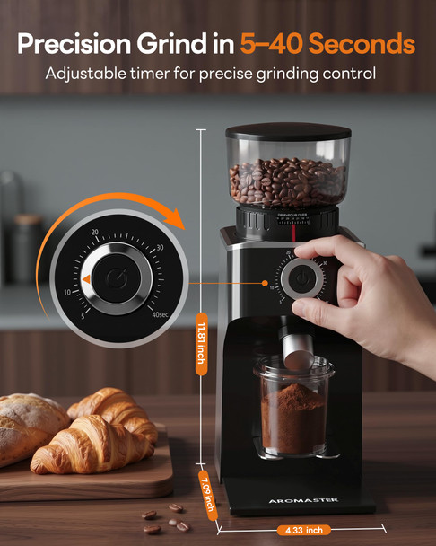 Aromaster Burr Coffee Grinder With 45 Grind SettingsAdjustable 5'40S TimerStainless Steel Conical