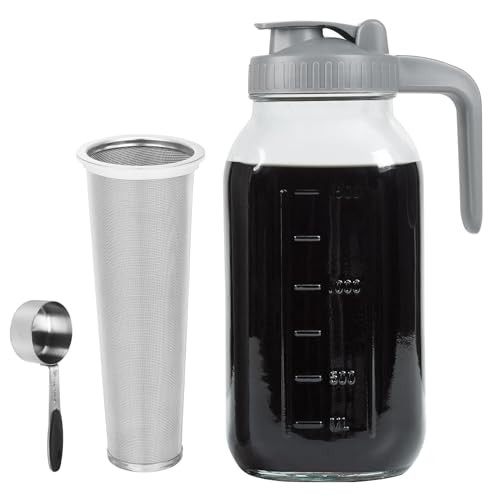 Xylanor Cold Brew Coffee Maker Pitcher Heavy Duty Glass Wide Mouth Mason 64 Oz Stainless Steel