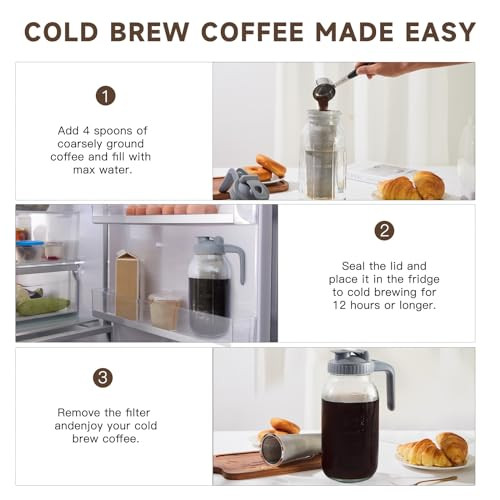 Xylanor Cold Brew Coffee Maker Pitcher Heavy Duty Glass Wide Mouth Mason 64 Oz Stainless Steel
