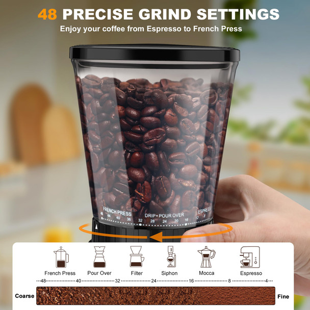 Binroc Electric Conical Burr Coffee Grinder With 48 Grind Settings 35S Timer 51Mm Black