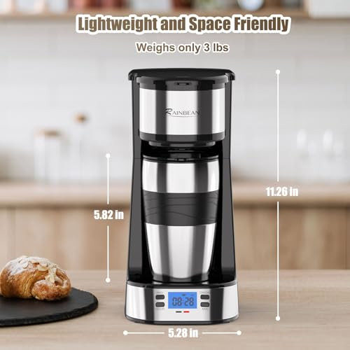 Rainbean Single Serve Coffee Maker Programable SingleServe Brewers Timer Auto Start/Off Single 14 Oz 700W