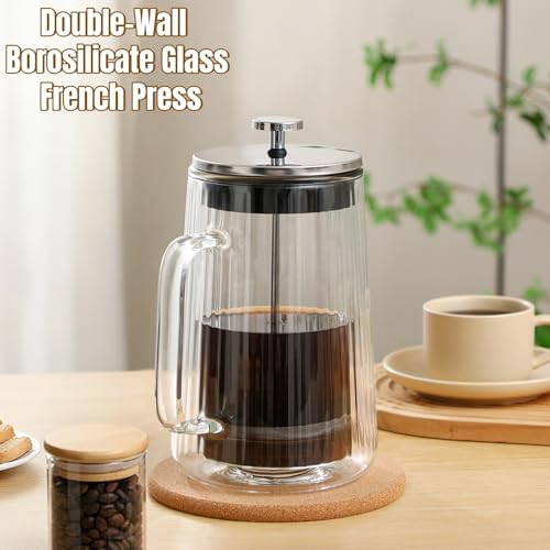 Chdexu Glass French Press Coffee Maker Double Wall HeatResistant Borosilicate Glass Coffee 34Oz Stainless Steel