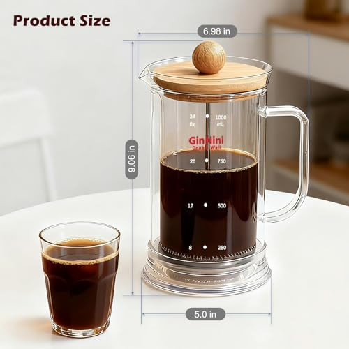 Ginnini Plastic French Press Coffee and Tea Maker 34Oz