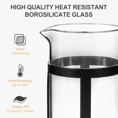 Chiallco Mini French Press Coffee Maker Heat Resistant Thickened Borosilicate Classic Glass 12Oz Stainless Steel