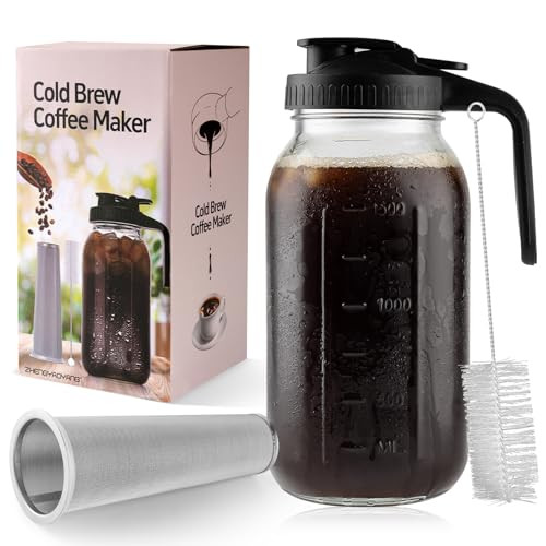 Zhengyaoyang Cold Brew Coffee Maker Glass Pitcher With Mesh Filter Mason Jar 64 Oz