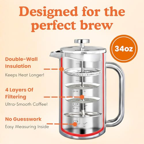 Ziruma NonToxic French Press Surgical Stainless Steel Coffee Press PlasticFree Heavy MetalFree 34 Oz Stainless Steel