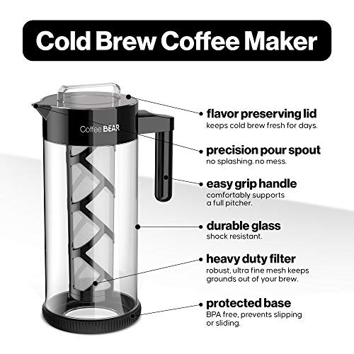 Coffee Bear Cold Brew Coffee Maker And Iced Tea Brewer Large Borosilicate Glass 1.3L