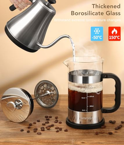 Amfocus French Press Coffee Maker 4Level Filtration System Premium HeatResistant Borosilicate Glass 21 Oz