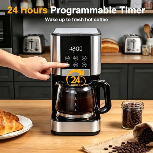 Horavie Programmable Drip Coffee Maker Adjustable Brew Strength Pause and Serve Heat 10 Cup Stainless Steel