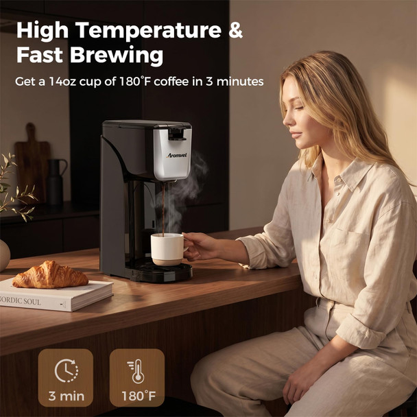 Aromvel 2In1 Single Serve Coffee Maker For K Cup Pods and Ground 14 Oz Silver