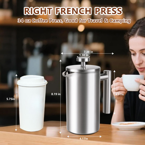 Agckuzt French Press Full Stainless Steel French Press Coffee Maker Upgrated DoubleWalled 34 Oz Stainless Steel