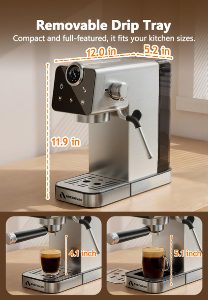 Arecovas Espresso Machine With Milk Frother Compact Coffee Machine With Touch Screen 41Oz 20 Bar