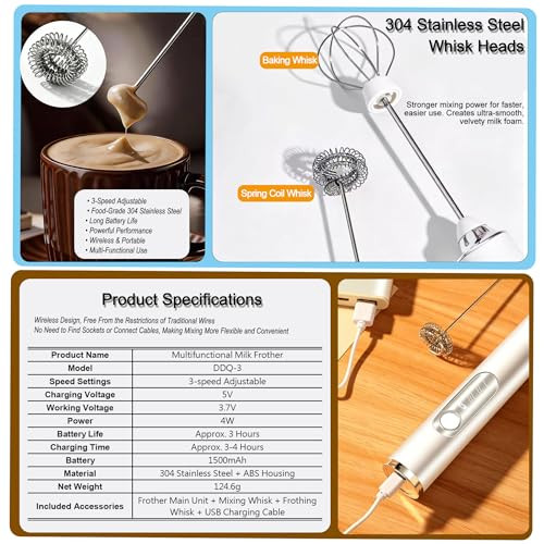 Uniqus Milk Frother Handheld Rechargeable Coffee Frother Wand With 2 Stainless Whisks