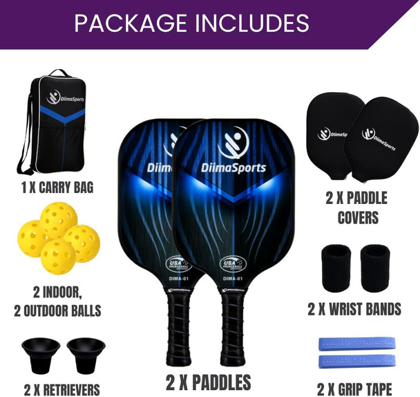 DiimaSports Pickleball Paddles, Fiberglass Surface Pickleball Set, USAPA Approved Pickle Ball Paddle Set of 2, 4 Pickleball Balls, 2 Retrievers, Pickleball Bag, Ideal Pickleball s for Men & Women