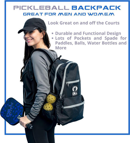 Dill Sports Pickleball Backpack Bag - Includes 5 Easy Slide Zipper Pockets and 2 Mesh Pockets - Carry Pickleball Paddles, Accessories, Pickleballs, Water Bottles - Black with Gray Accents