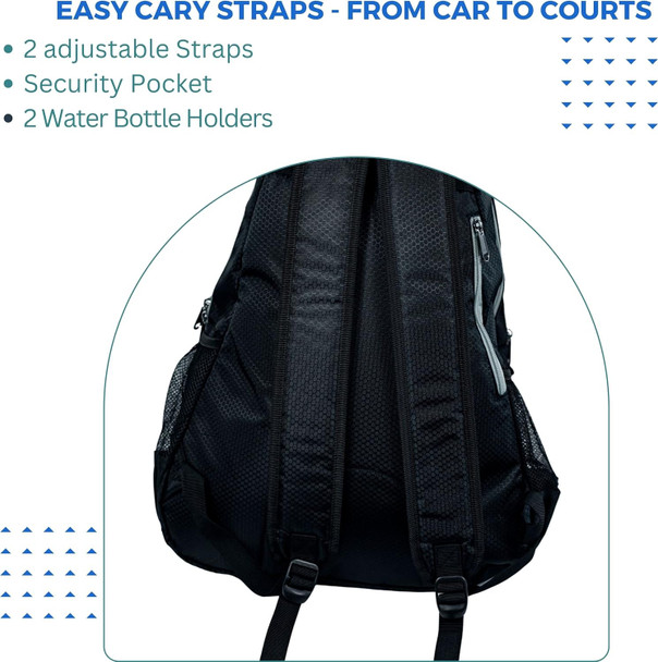 Dill Sports Pickleball Backpack Bag - Includes 5 Easy Slide Zipper Pockets and 2 Mesh Pockets - Carry Pickleball Paddles, Accessories, Pickleballs, Water Bottles - Black with Gray Accents