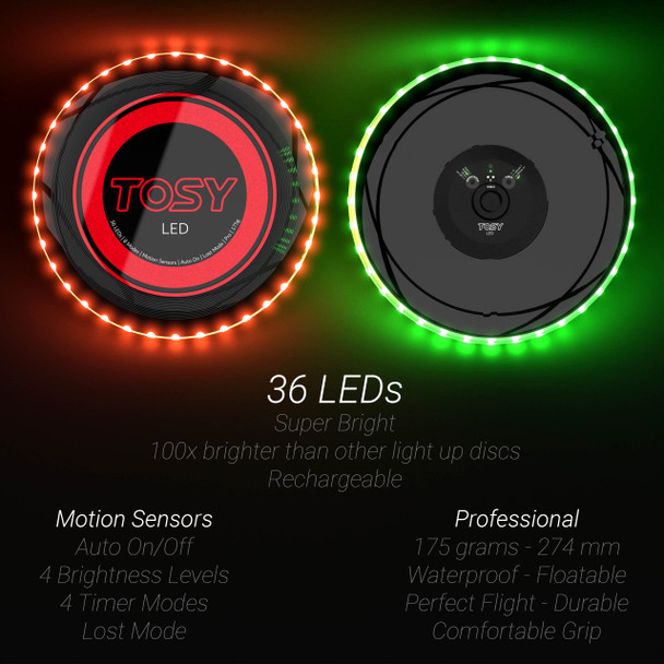 TOSY Flying Disc - 36 Mono-Color LEDs, Bright, Smart Modes, Camping Essentials for Teens/Kids/Adults/Men/Boys/Girls, Auto Light Up, Rechargeable, Waterproof, 175g