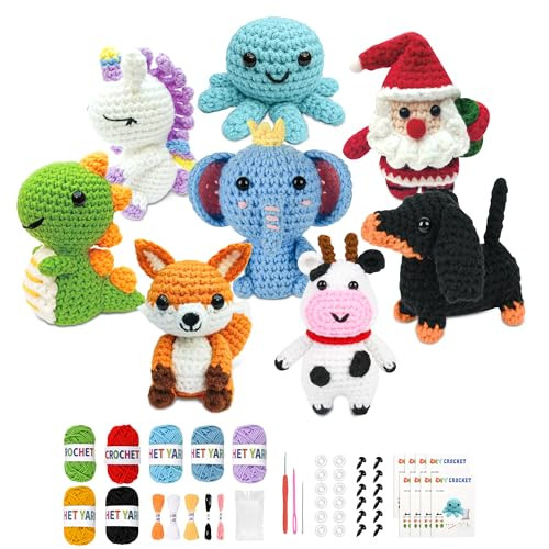 Aztwmys 8Pcs Crochet Kit For Beginners Great Christmas For Crochet Lovers Diy Craft For Adults And Kids Crocheting Animal Kits With Step By Step Videos Yarn Crochet Hook Birthday Holiday