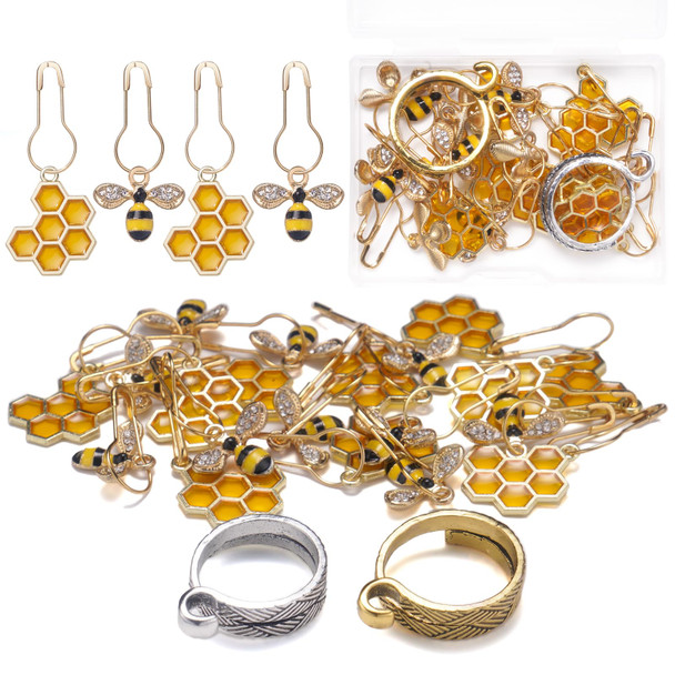 Tatiwoo 20 Pcs Cute Bee Honeycomb Stitch Marker 2 Pcs Adjustable Knit Crochet Loop Ring For Crocheting And Knitting Alloy Crochet Stitch Marker Accessories