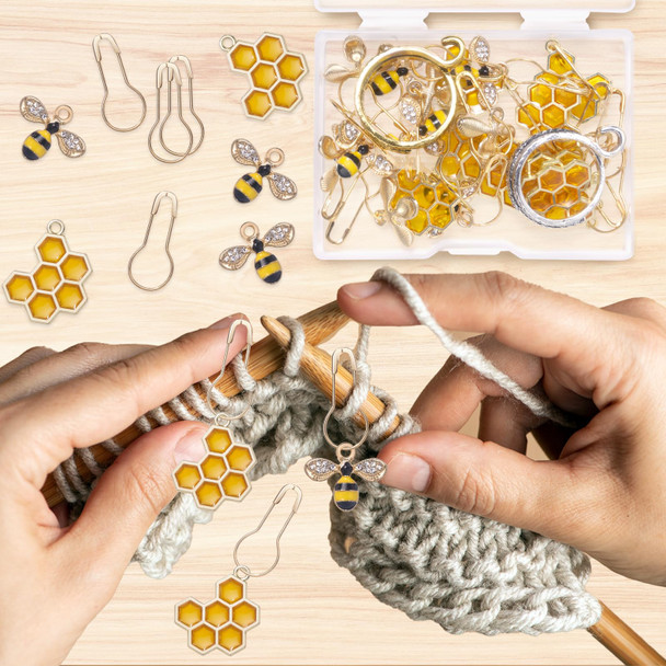 Tatiwoo 20 Pcs Cute Bee Honeycomb Stitch Marker 2 Pcs Adjustable Knit Crochet Loop Ring For Crocheting And Knitting Alloy Crochet Stitch Marker Accessories