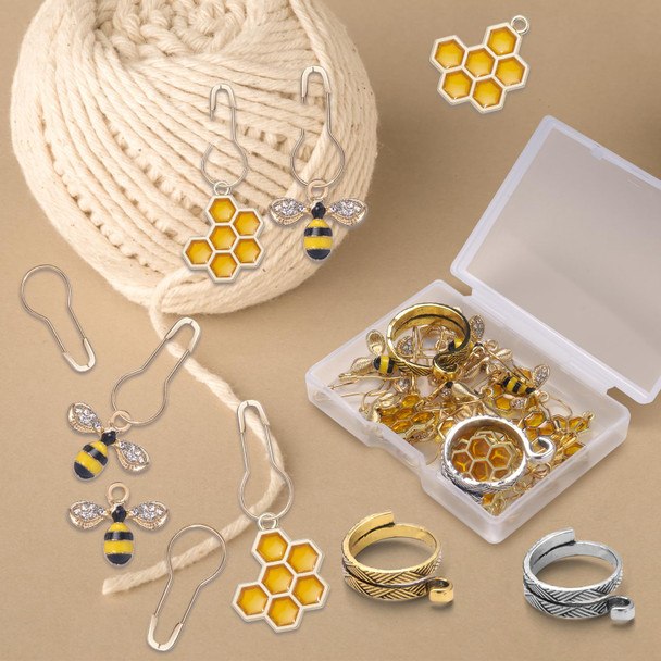 Tatiwoo 20 Pcs Cute Bee Honeycomb Stitch Marker 2 Pcs Adjustable Knit Crochet Loop Ring For Crocheting And Knitting Alloy Crochet Stitch Marker Accessories