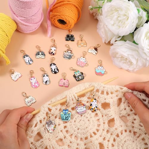 Elevatetech 20Pcs Cat Stitch Marker Cute Crochet Hooks Charms Knitting Notions Cat Stitch Markers Crochet Tools With Lobster Claw Clasps For Weaving Sewing Needleworks Diy Craft