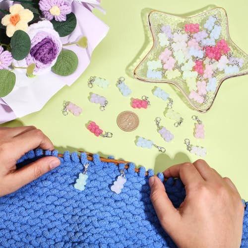 Craftymelody 60Pcs Bear Stitch Markers Charms Acrylic Pendant Decorations Alloy Lobster Claw Clasps Charms Knitting Crochet Notions Clip On For Weaving Sewing Bag Ornaments Jewelry Making