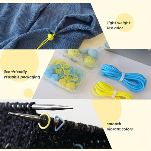 Rysuozi Knitting Barber Cords 2Pcs Odorless Knitting Accessories Kit For Needle With 20Pcs Metal Stitch Markers 40Pcs Plastic Stitch Markers Stitch Holder Cord Lock Needle Stoppers In Tin Box