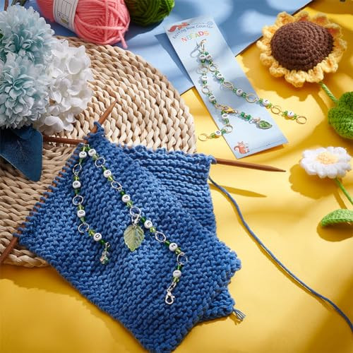 Nbeads 2 Pcs Leaf Charms Knitting Row Counter Chains 2 Pcs Leaf Stitch Markers Number Beads Row Counter Chains For Knitting Crochet Tracking Project Progress Light Green