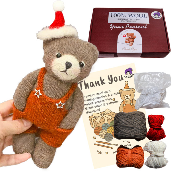 Yarnique Wool Bear Knitting Kit Real Wool Amigurumi Kit For Adults With Video Tutorials Diy Amigurumi Crochet and Knitting Kit With Tools Holiday Craft Set White Sweater