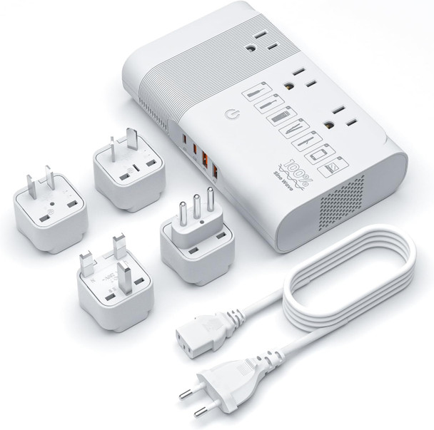 350W Power Converter 220V To 110V Voltage Converter Travel Adapter With 4 Usb Ports 3 Ac Outlets, Convert Voltage For Curling Iron, Straightener, Chargers, Us To Eu/Uk/It/Au/Asia White