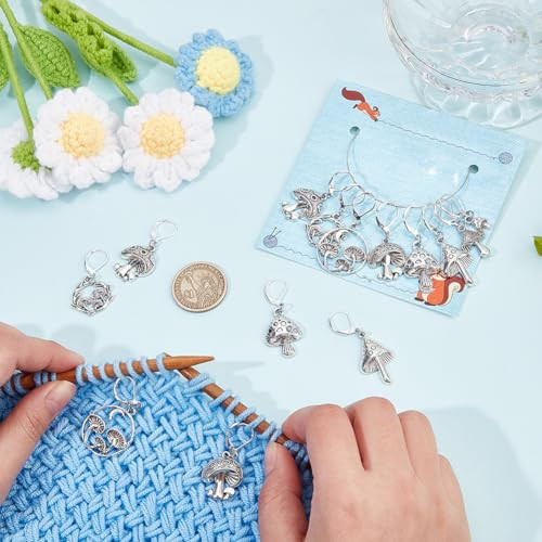 Nbeads 16 Pcs Stitch Markers Antique Silver 8 Styles Mushroom Crochet Markers Tibetan Style Locking Stitch Needle Clip For Knitting Weaving Sewing Accessories Jewelry Making