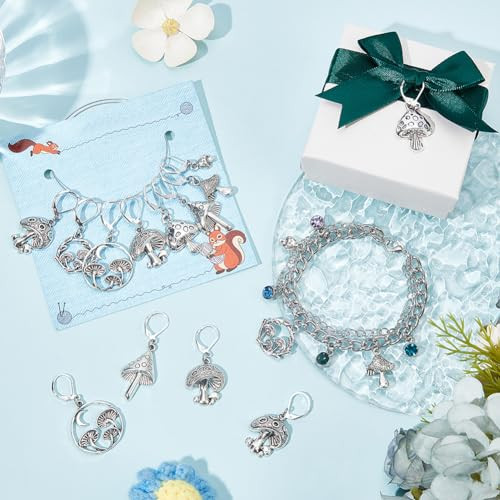 Nbeads 16 Pcs Stitch Markers Antique Silver 8 Styles Mushroom Crochet Markers Tibetan Style Locking Stitch Needle Clip For Knitting Weaving Sewing Accessories Jewelry Making